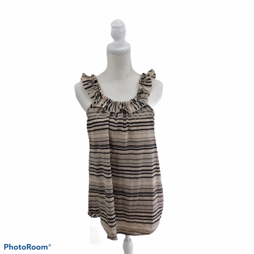 Dina B Beige Black Striped Ruffled Tank Medium - Picture 1 of 10